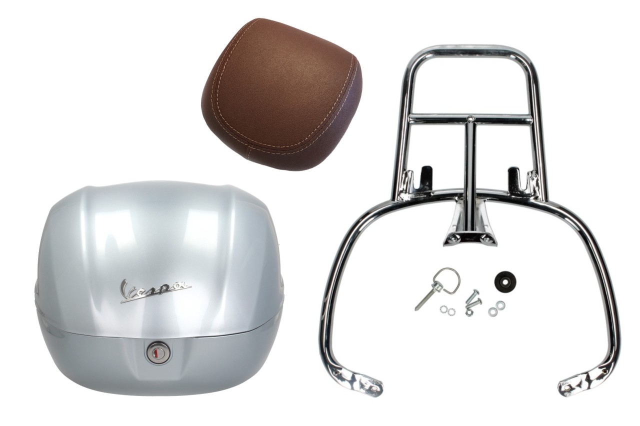 Topcase Kit 32L metallic gray lucido, back cushion dark brown, luggage rack chrome for Primavera