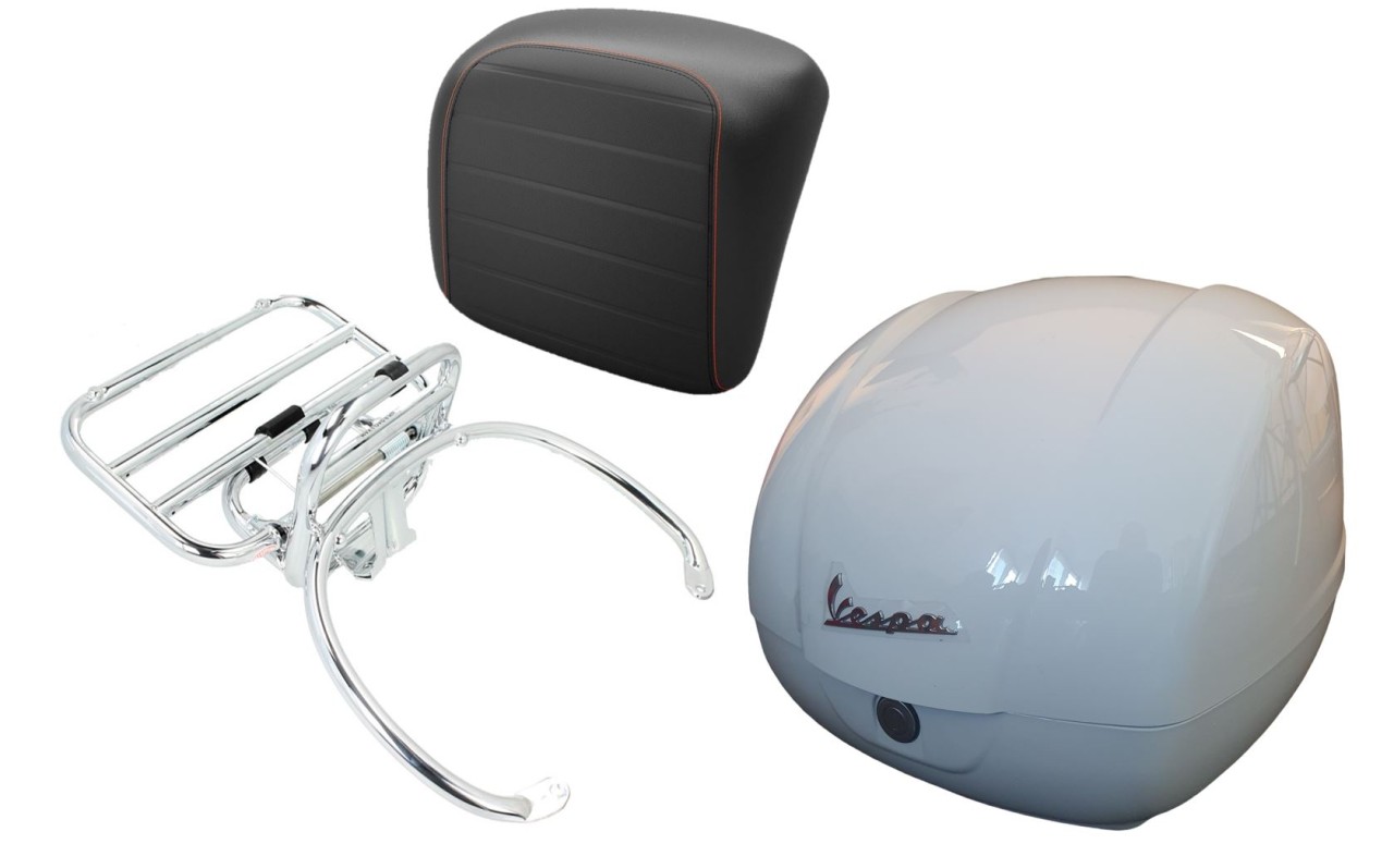 Topcase kit 36L white, luggage rack chrome, back cushion black with orange stitching for Vespa GTS