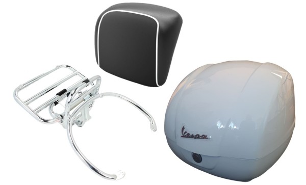 Topcase kit 36L white (B04), luggage rack chrome back cushion black, piping white for Vespa GTS