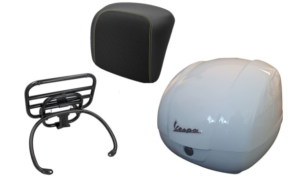 Topcase kit 36L white, luggage rack black, back cushion black with yellow stitching for Vespa GTS